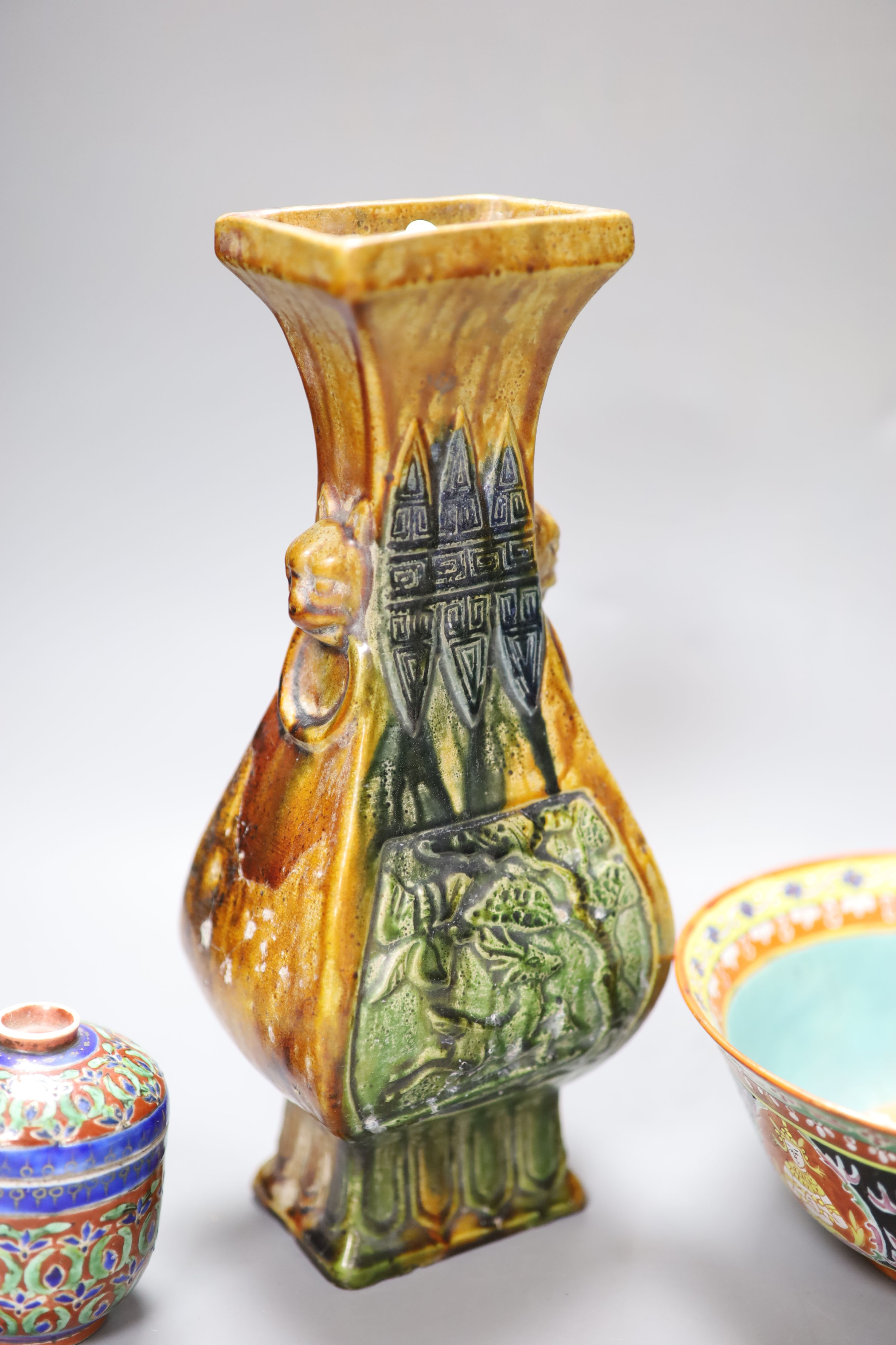 A group of Chinese ceramics, Qing or later, including a vase, height 26cm, a box and cover, a dish and a bowl (4)